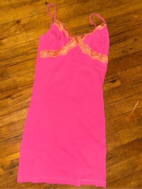 ASOS Hot Pink Slip Dress with Peach Lace Trim